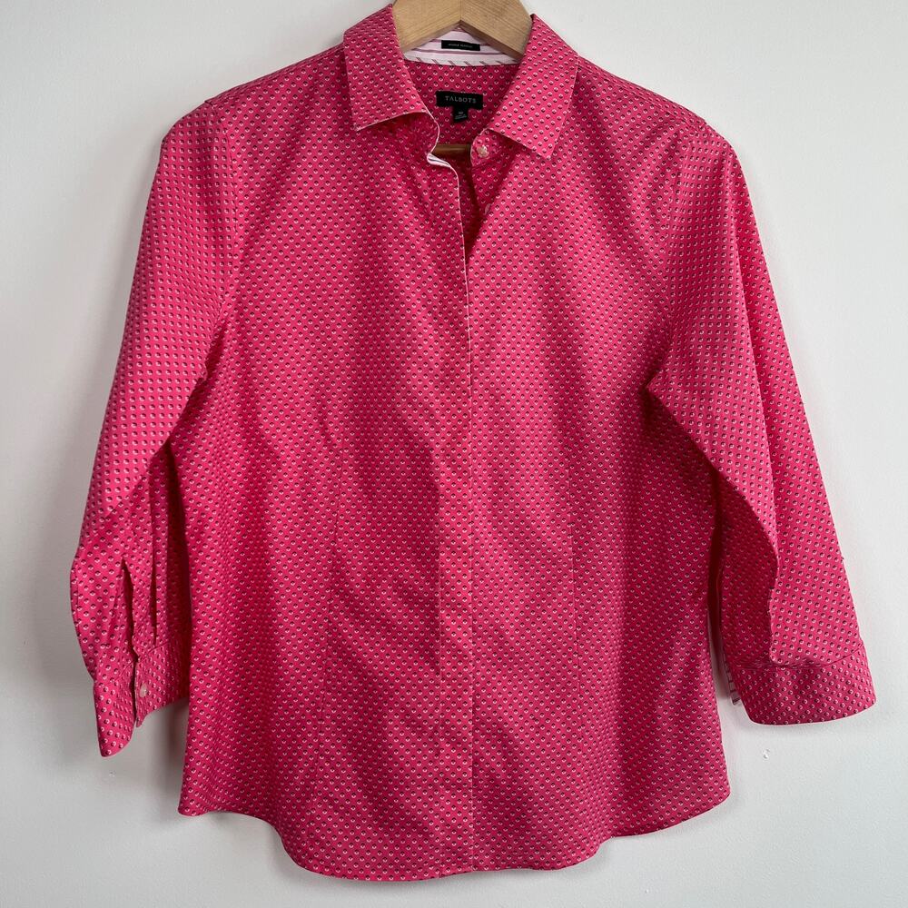 Talbots Wrinkle Resistant Button Front Blouse Pink Geometric Print Women Size 10